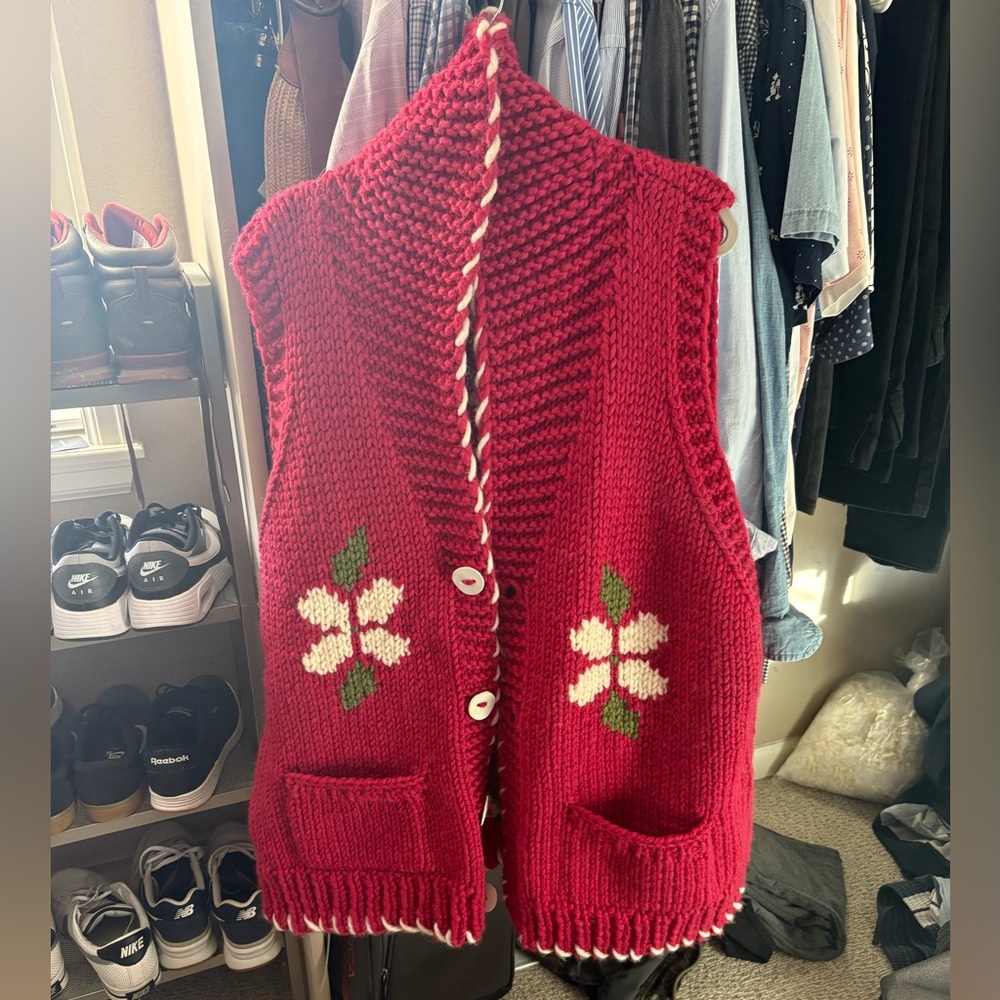 GOGO Red Floral Knit Cardigan Vest Custom OS